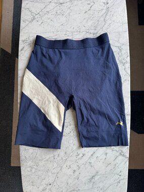 Tracksmith Strata Half Tights — Navy/Ivory Stripe, Size XS